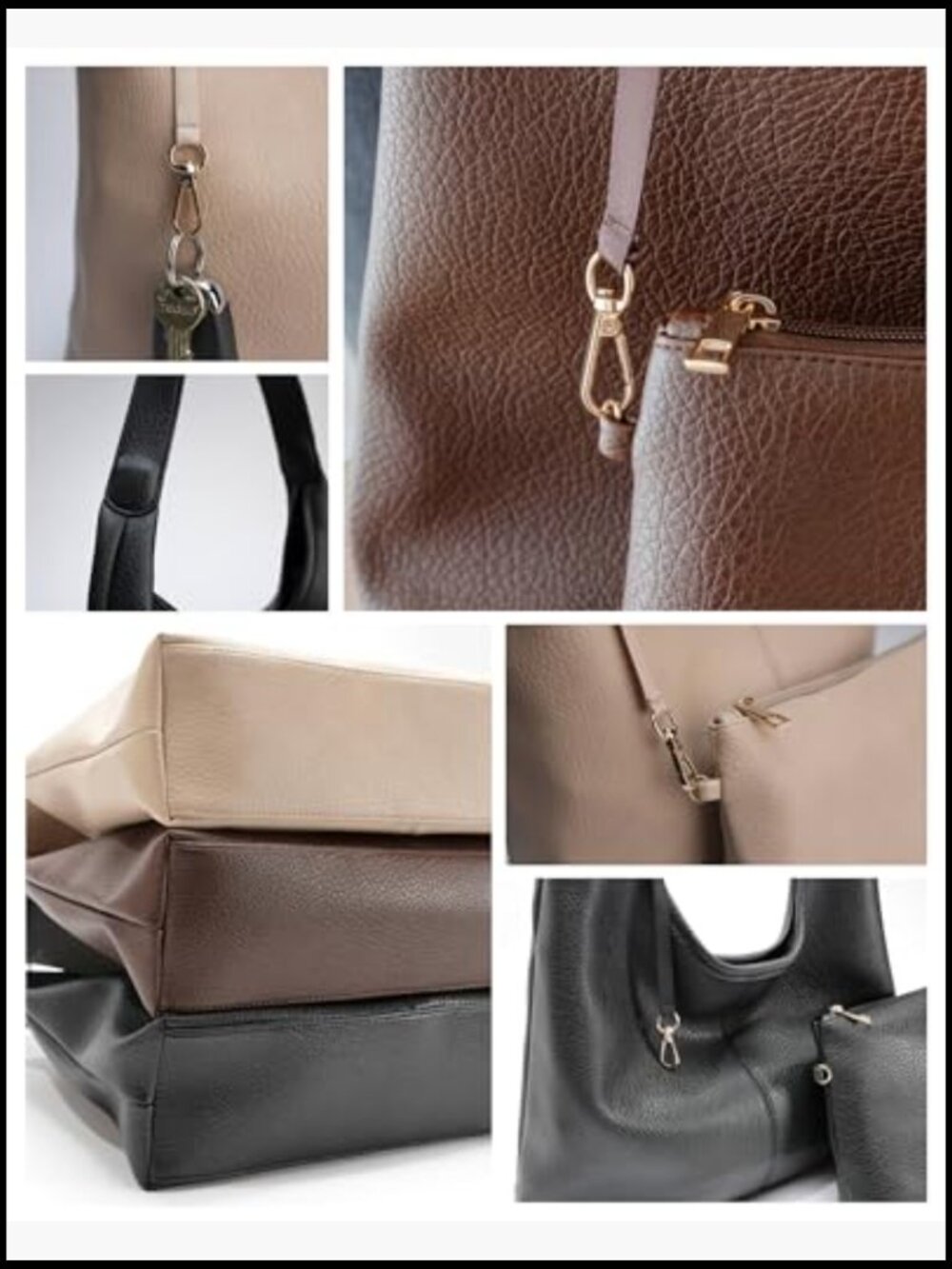 Large Slouchy Hobo Bag Zippered Compartments Faux Leather Shoulder Strap - Picture 6 of 7